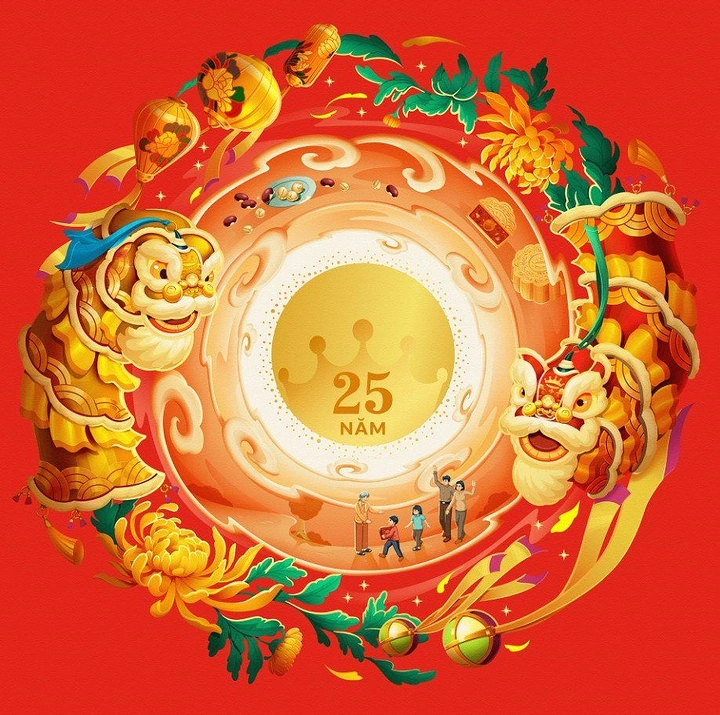Lunar New Year creative ad: Circular wreath of lion dance heads around a golden anniversary medallion