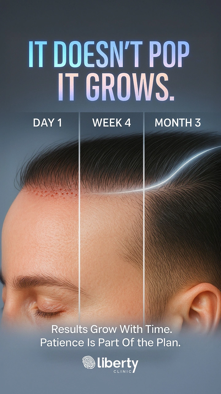 Hair Transplant & Hair Clinics creative ad: Side profile scalp showing hair regrowth across three time stages