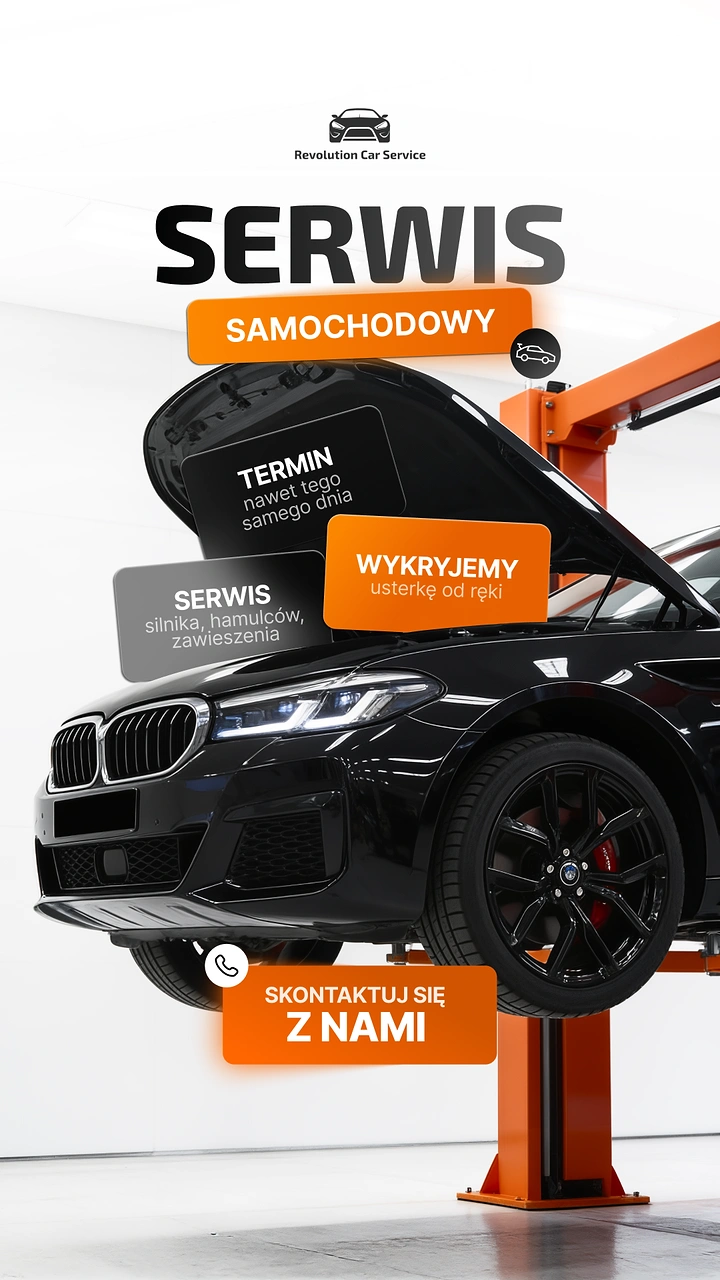 Auto Repair & Garages creative ad: Black luxury sedan raised on an orange lift with its bonnet open