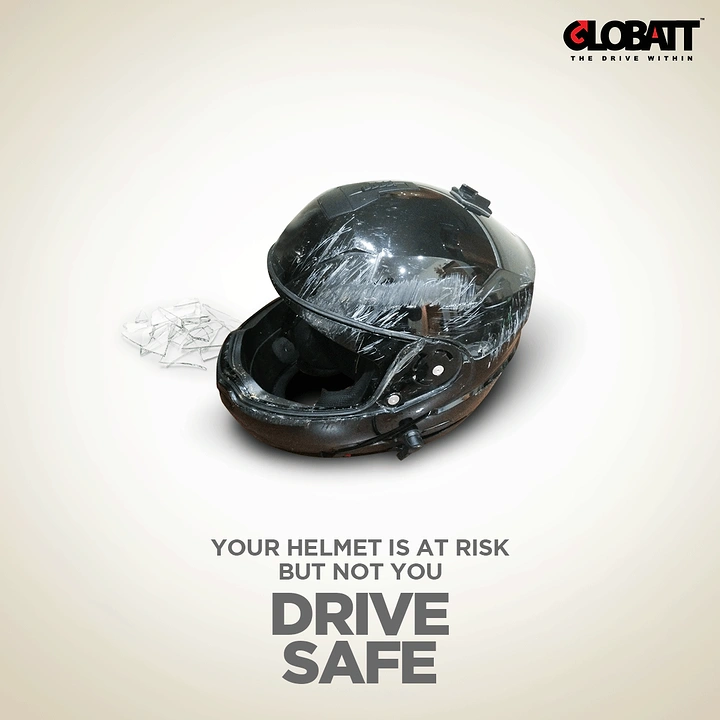 Helmets & Riding Gear creative ad: Cracked helmet protects intact wearer