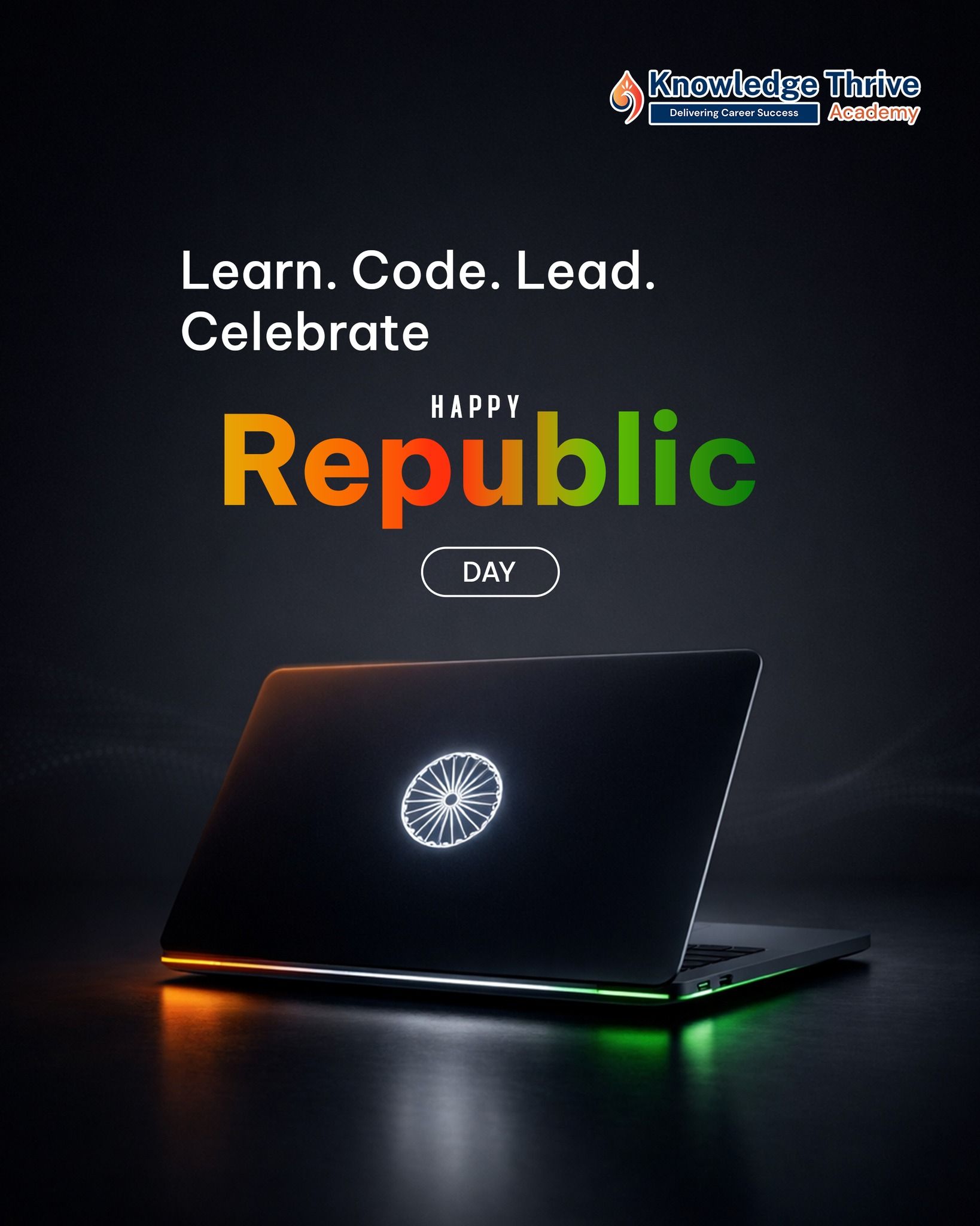 Republic Day Instagram post: Dark laptop with glowing Ashoka Chakra on lid