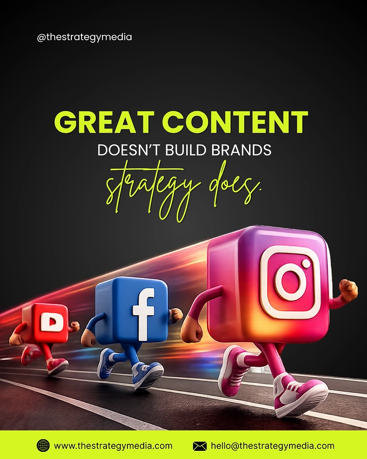 Agency creative ad: 3D social icons racing; strategy-beats-content copy