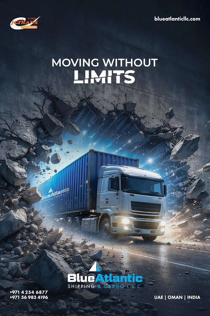Movers & Packers creative ad: Truck bursting through wall, 'without limits'