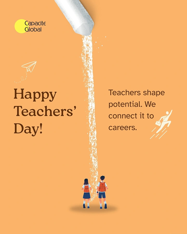 Teachers Day creative ad: Giant chalk drawing a path to two students