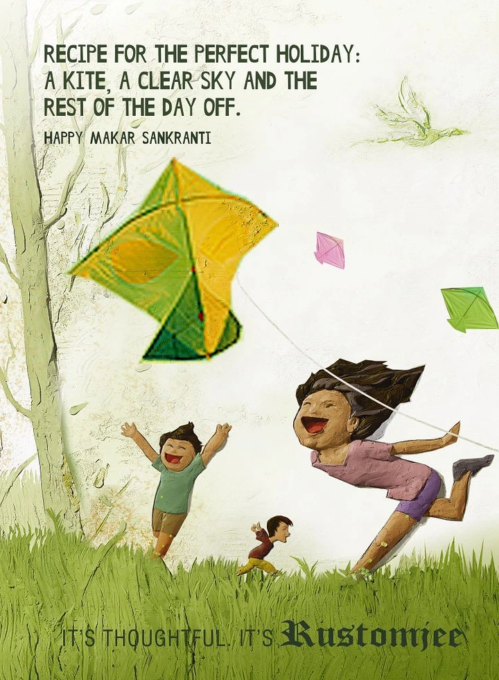 Makar Sankranti creative ad: Children running with kites on a grassy field