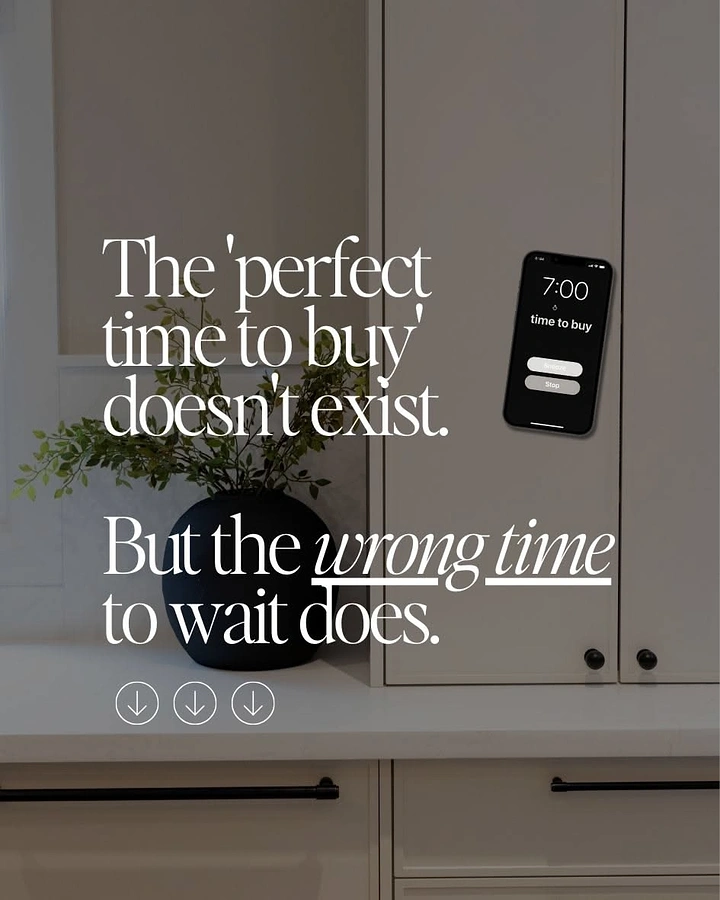 Mortgage & Home Loan Brokers creative ad: Kitchen interior with a phone alarm showing a time-to-buy reminder