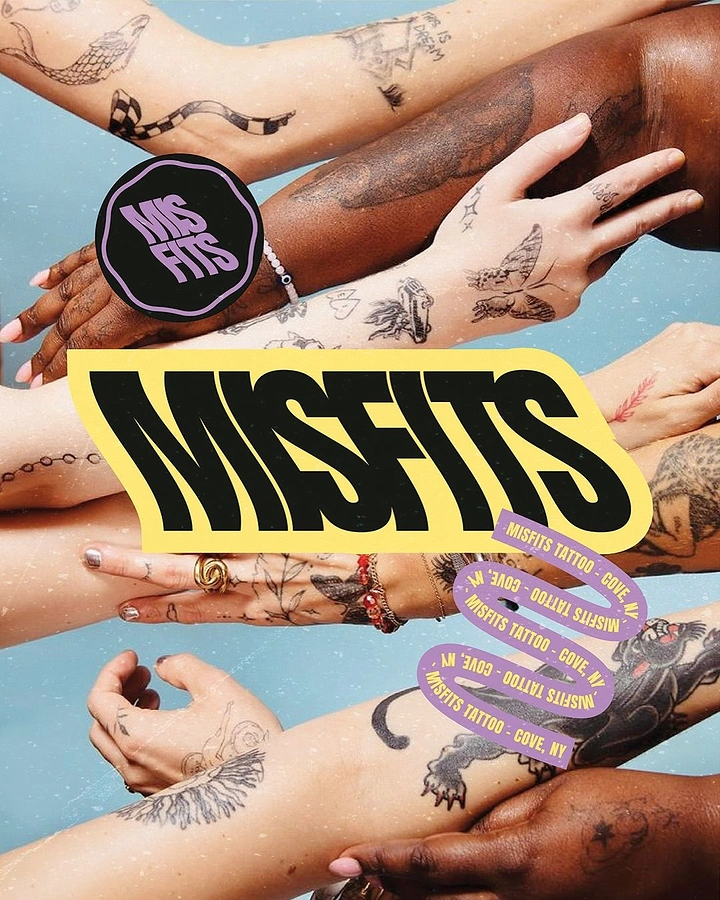 Tattoo Studios creative ad: Misfits: tattooed arms collage, bold sticker type