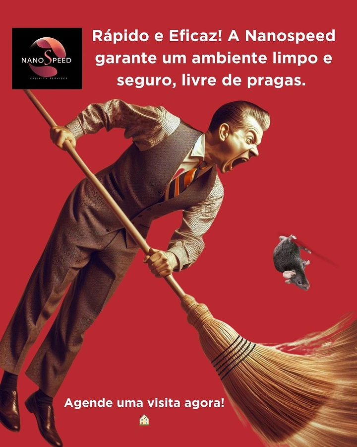 Pest Control creative ad: Retro illustrated man chasing rat with broom
