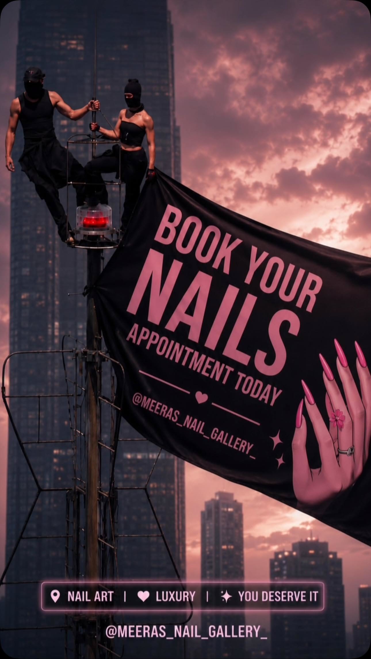 Story: Banner hung on skyscraper, stunt-style ad