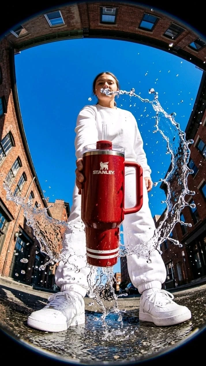 Tumblers, Flasks & Drinkware creative ad: Unexpected fisheye splash creates memorable spectacle