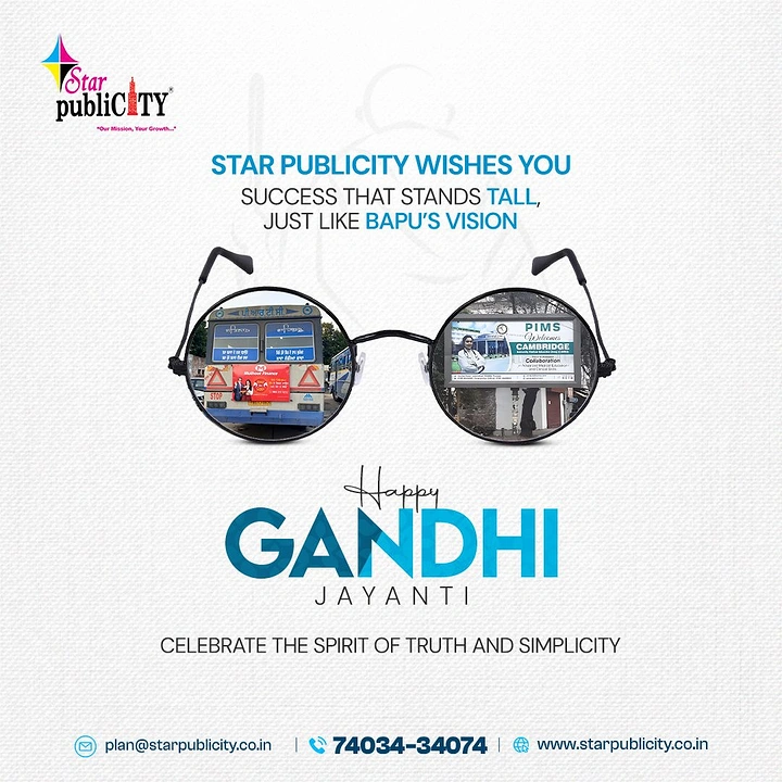 Gandhi Jayanti creative ad: Round spectacles with outdoor-ad photos in the lenses