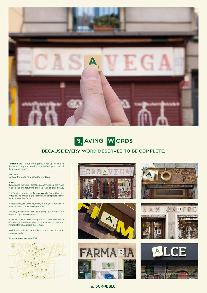 Board Games & Game Cafes creative ad: Scrabble completes real-world storefront words