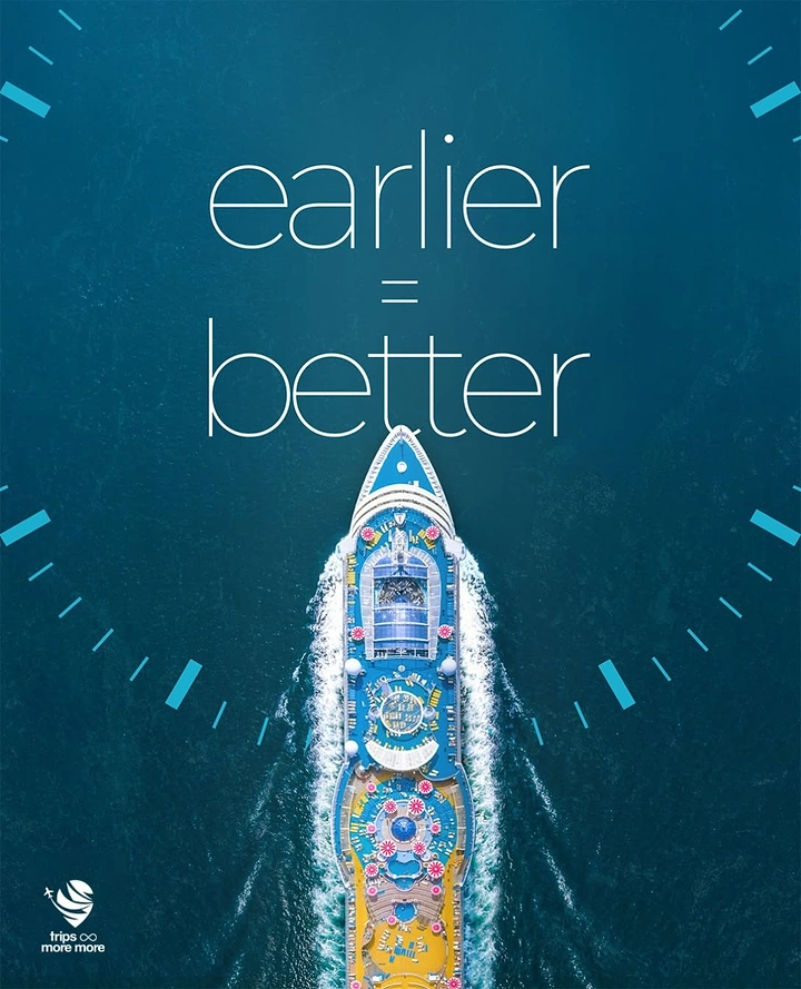 Cruises & Cruise Lines creative ad: Clever ship wake as clock metaphor