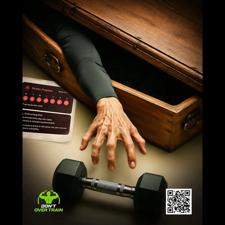 Fitness Equipment Stores creative ad: Dark visual metaphor for overtraining
