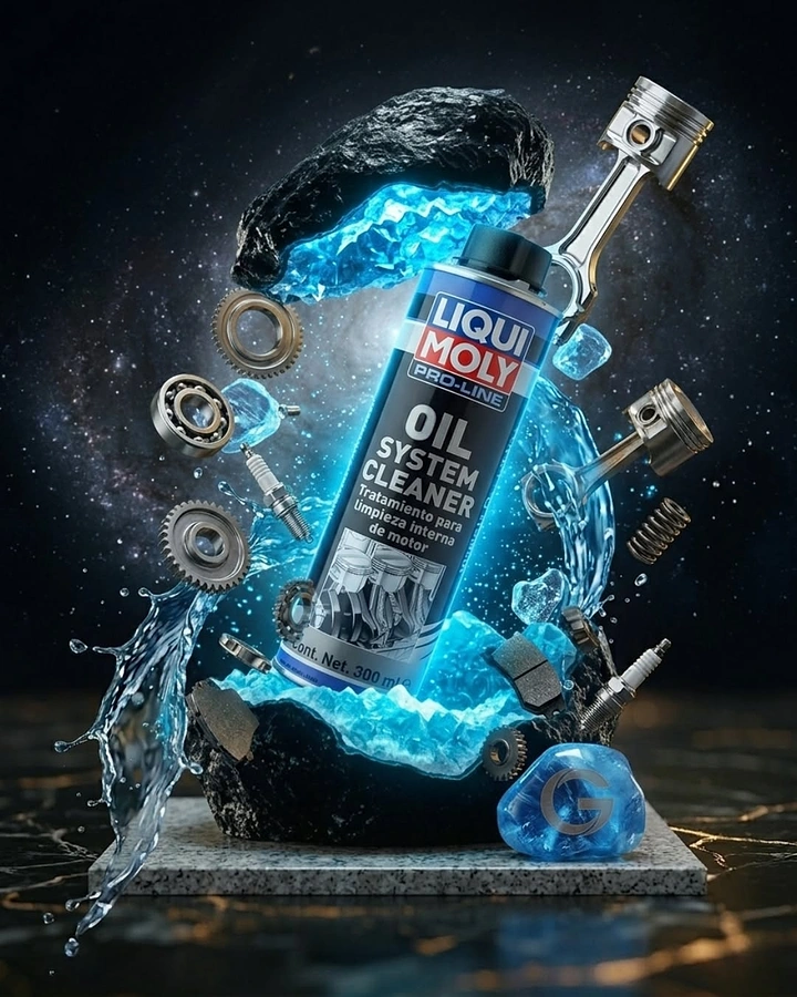Engine Oil & Lubricants creative ad: Mechanical parts suspended in cleaner