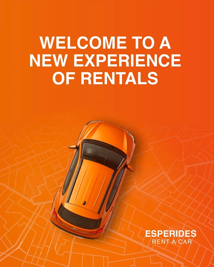Car Rental creative ad: Top-down car on orange map, bold minimal