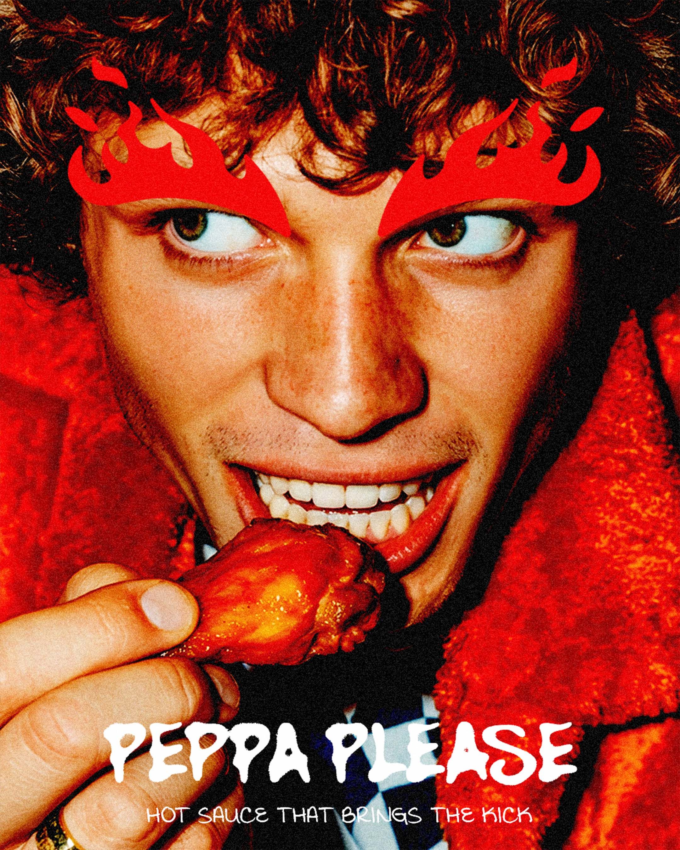 Instagram post: Young man biting a glazed hot wing with drawn flame eyebrows