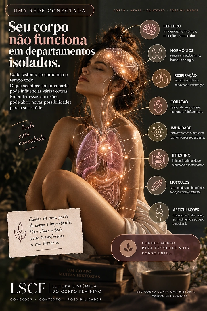 Healthcare creative ad: Seated woman with illuminated anatomical systems and connected callouts
