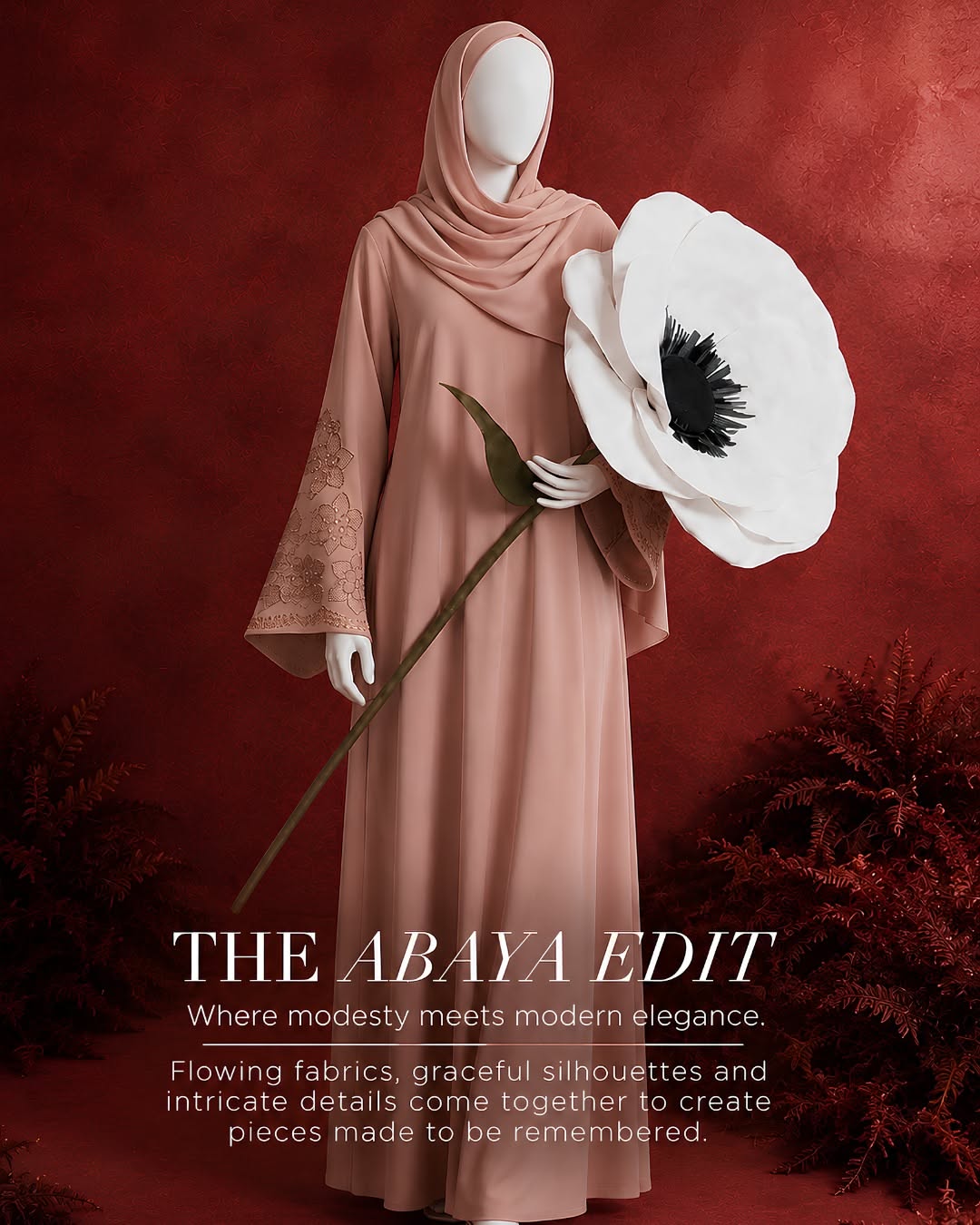 Carousel: Blush abaya with hijab on white mannequin holding giant white poppy, slide 1