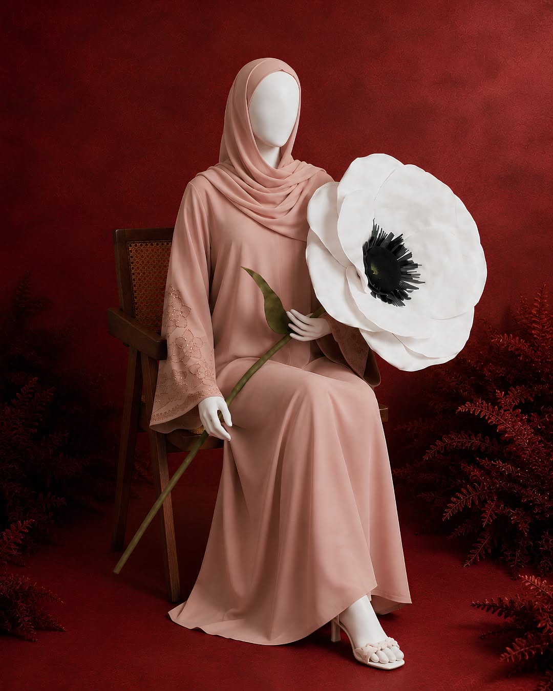Carousel: Blush abaya with hijab on white mannequin holding giant white poppy, slide 3