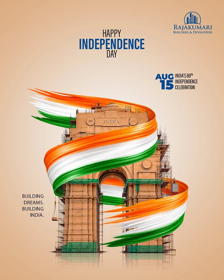 Independence Day creative ad: India Gate under scaffolding wrapped in a tricolour ribbon