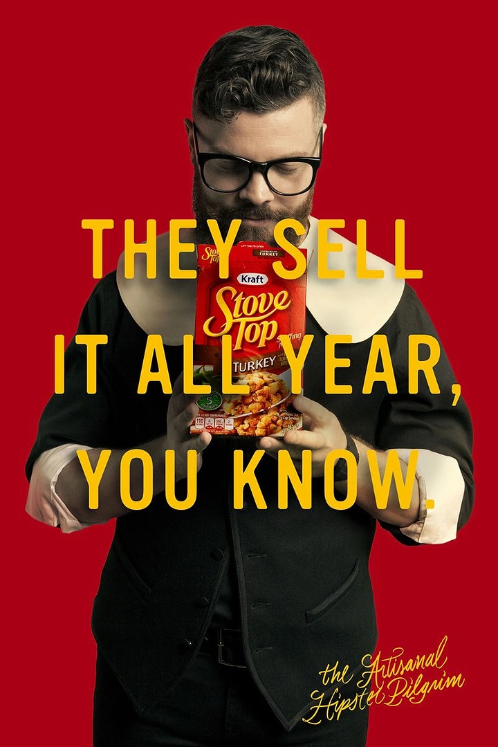 Thanksgiving creative ad: Bearded hipster pilgrim holding a stuffing box