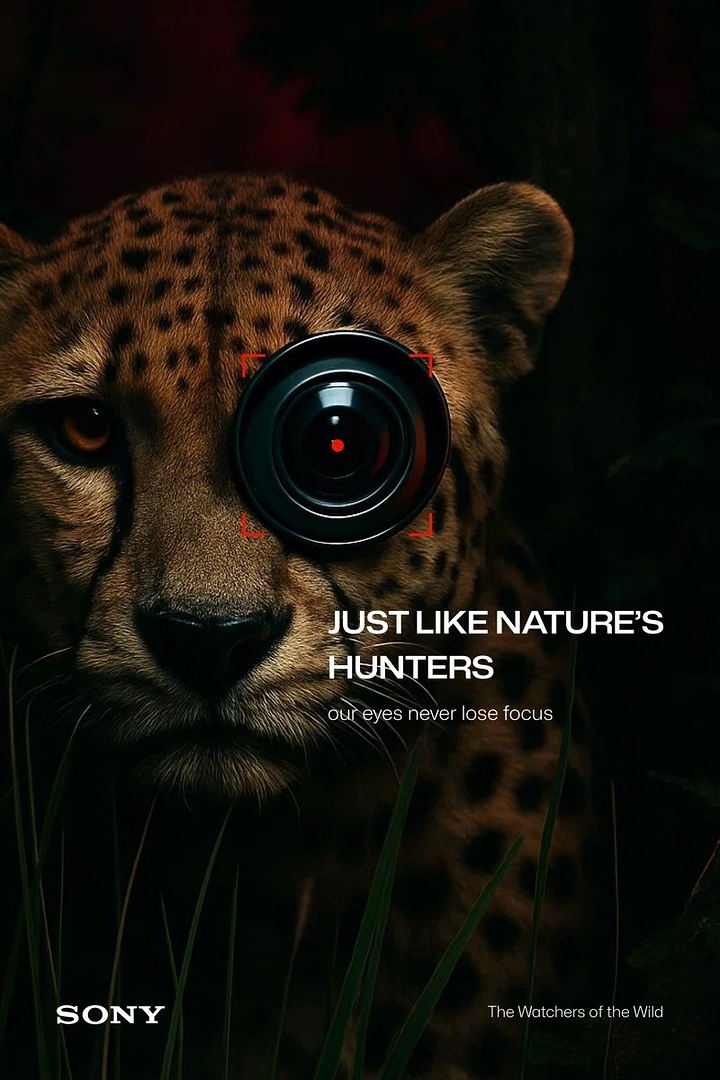 Photography creative ad: Camera lens as cheetah eye metaphor