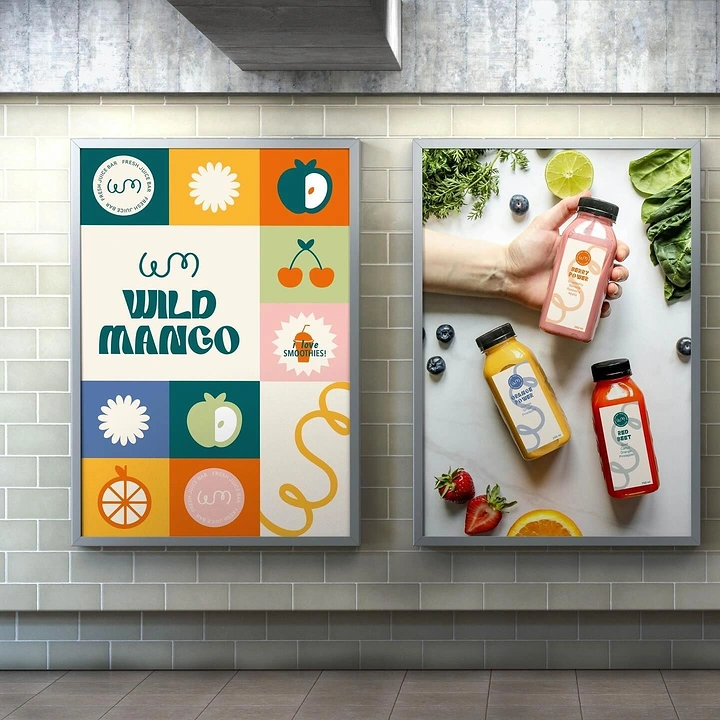 Juice Bars & Smoothies creative ad: Two framed posters on a tiled wall: geometric fruit-icon grid and flat-lay juice bottles