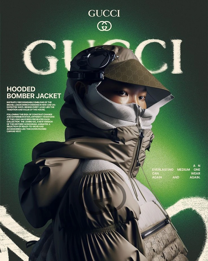 Creative ad: Model in beige monogram hooded bomber with visor and goggles, face half-covered