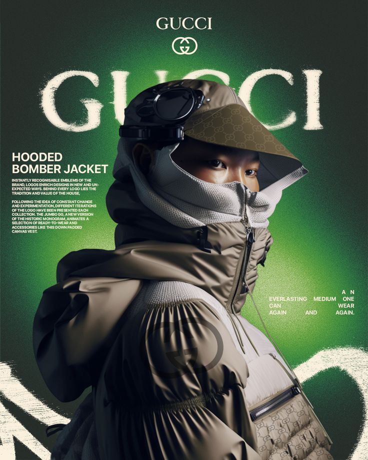 Instagram post: Model in beige monogram hooded bomber with visor and goggles, face half-covered