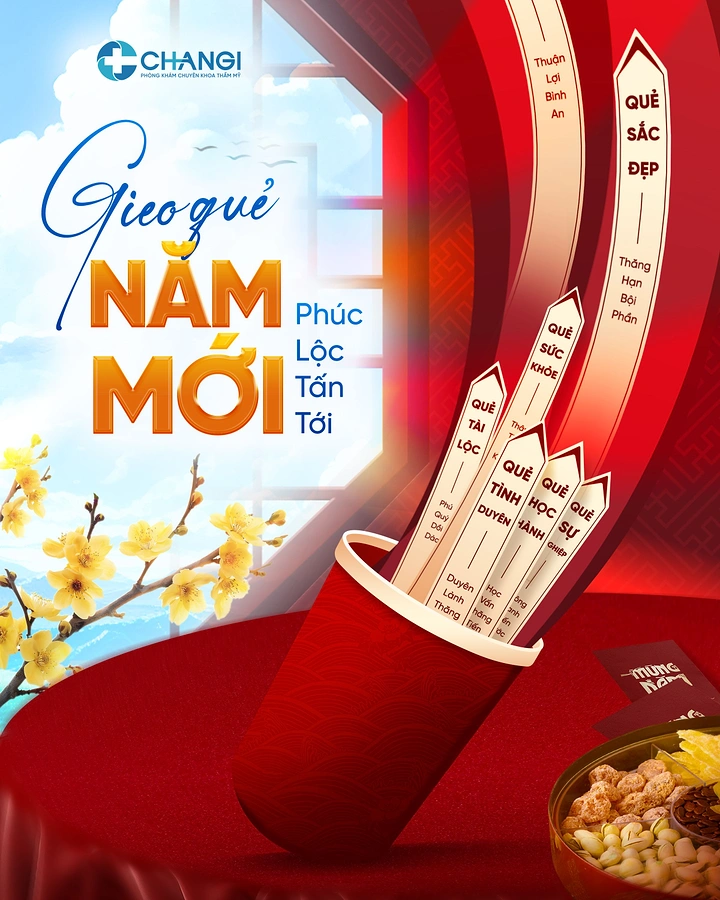 Lunar New Year creative ad: Red cup of fortune sticks with a window and apricot blossoms