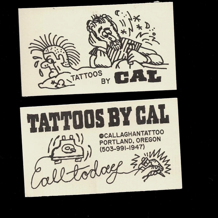Tattoo Studios creative ad: Hand-drawn cartoon 'call today' business cards