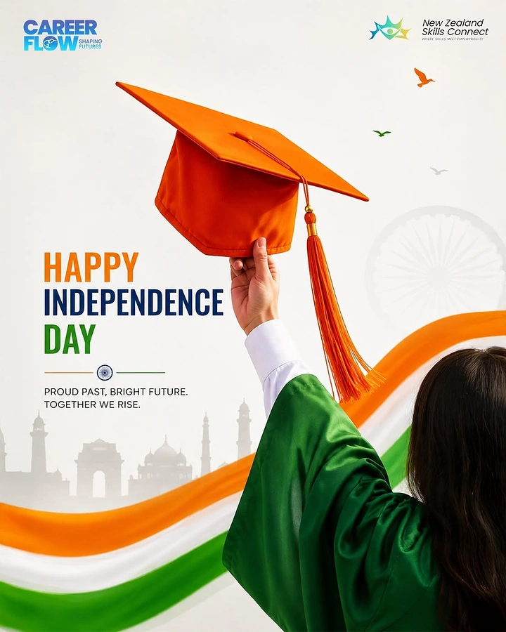 Independence Day creative ad: Graduate in green gown raising a saffron mortarboard
