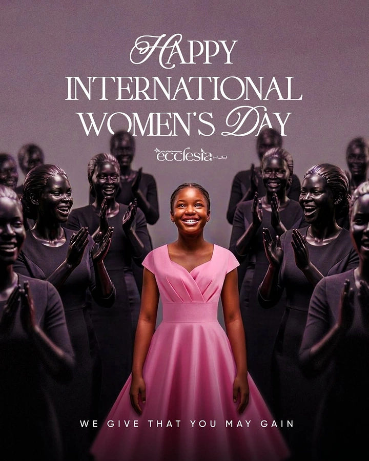 Women's Day creative ad: Smiling girl in pink dress applauded by dark-toned women