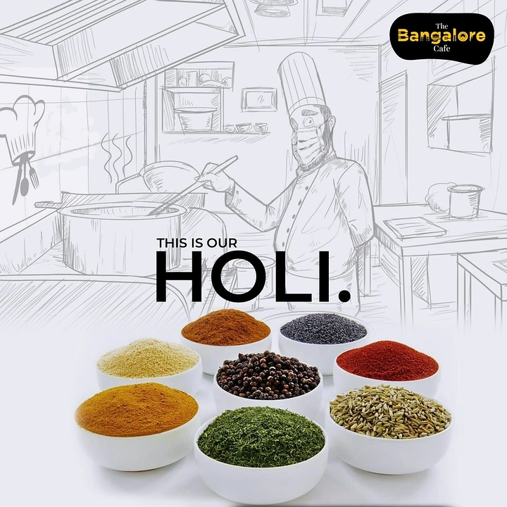 Holi creative ad: Bowls of colourful spices before a sketched chef