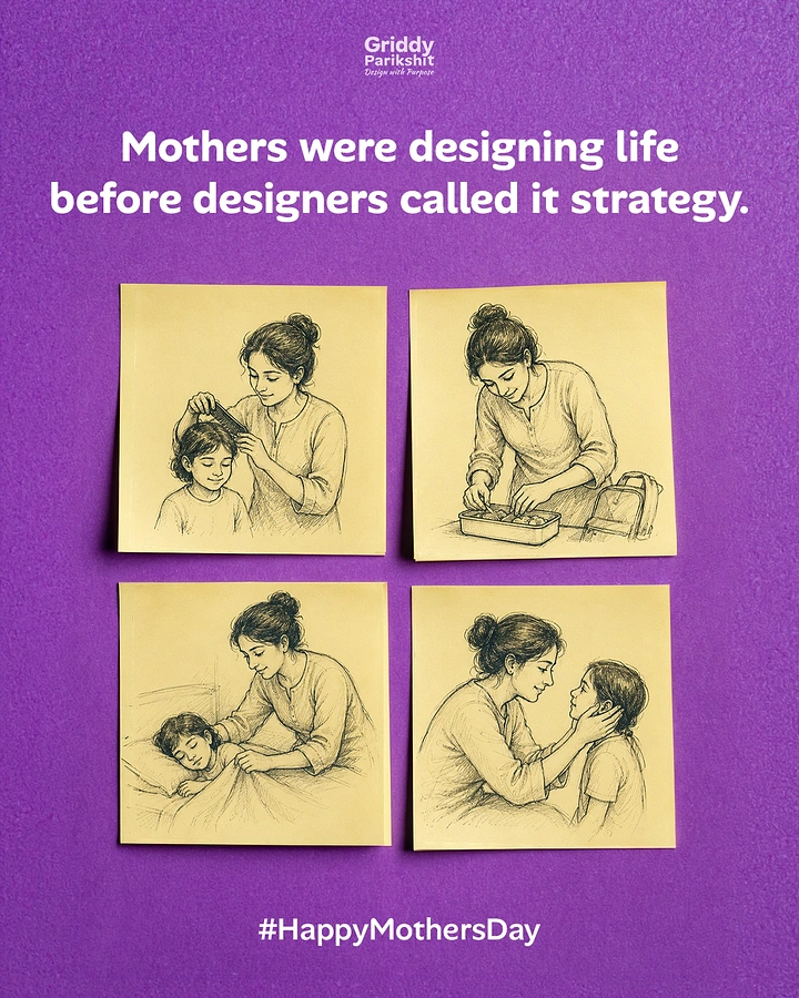 Mother's Day creative ad: Four sticky notes with pencil sketches of a mother caring for her child