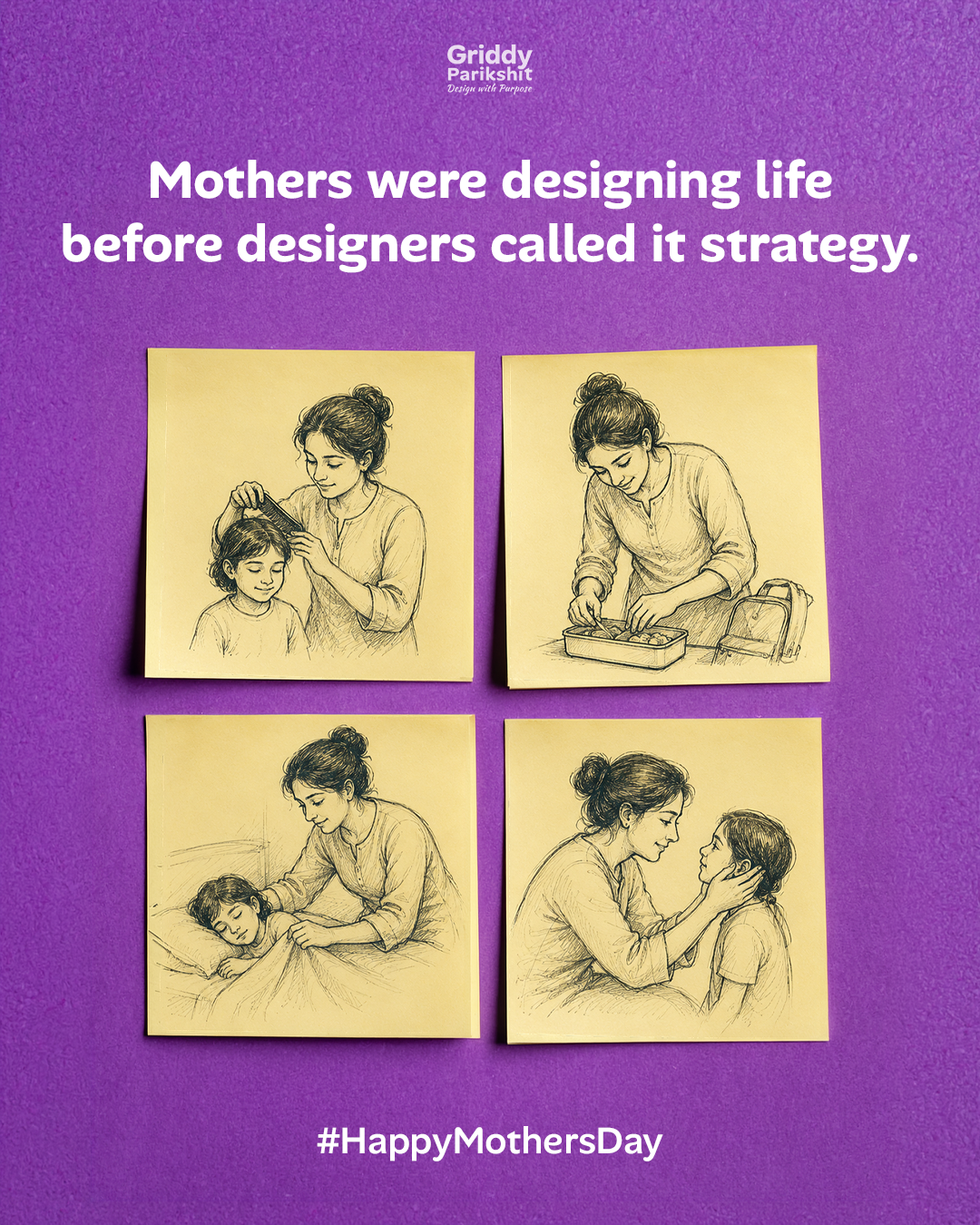 Four sticky notes with pencil sketches of a mother caring for her child