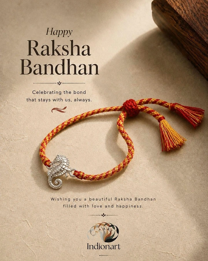 Raksha Bandhan creative ad: Braided red-yellow thread rakhi with a silver seahorse charm