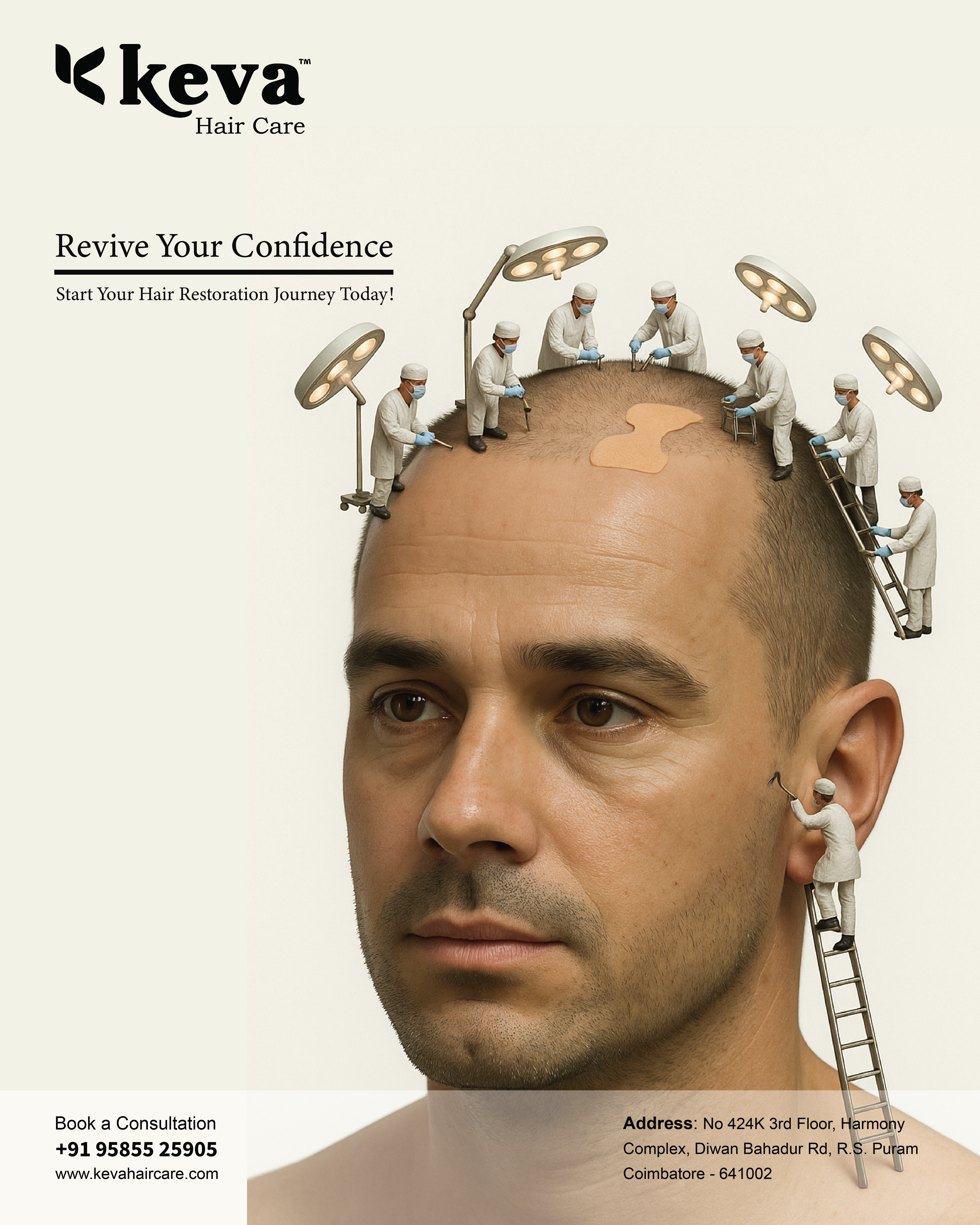 Instagram post: Tiny surgeons working on a balding man's scalp