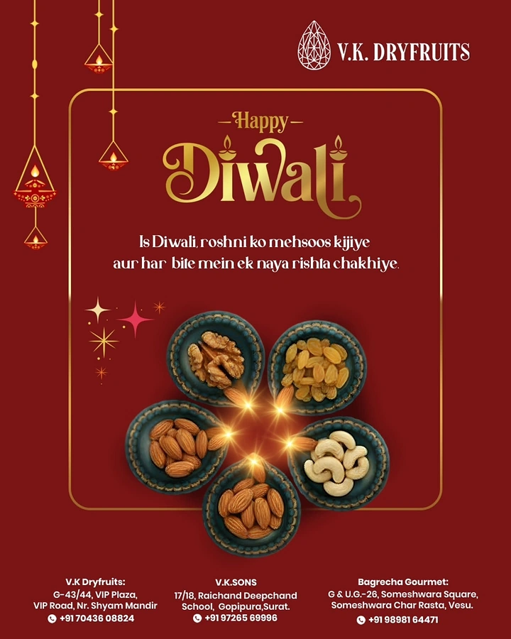 Diwali creative ad: Five bowls of dry fruits arranged in a flower around a glowing light
