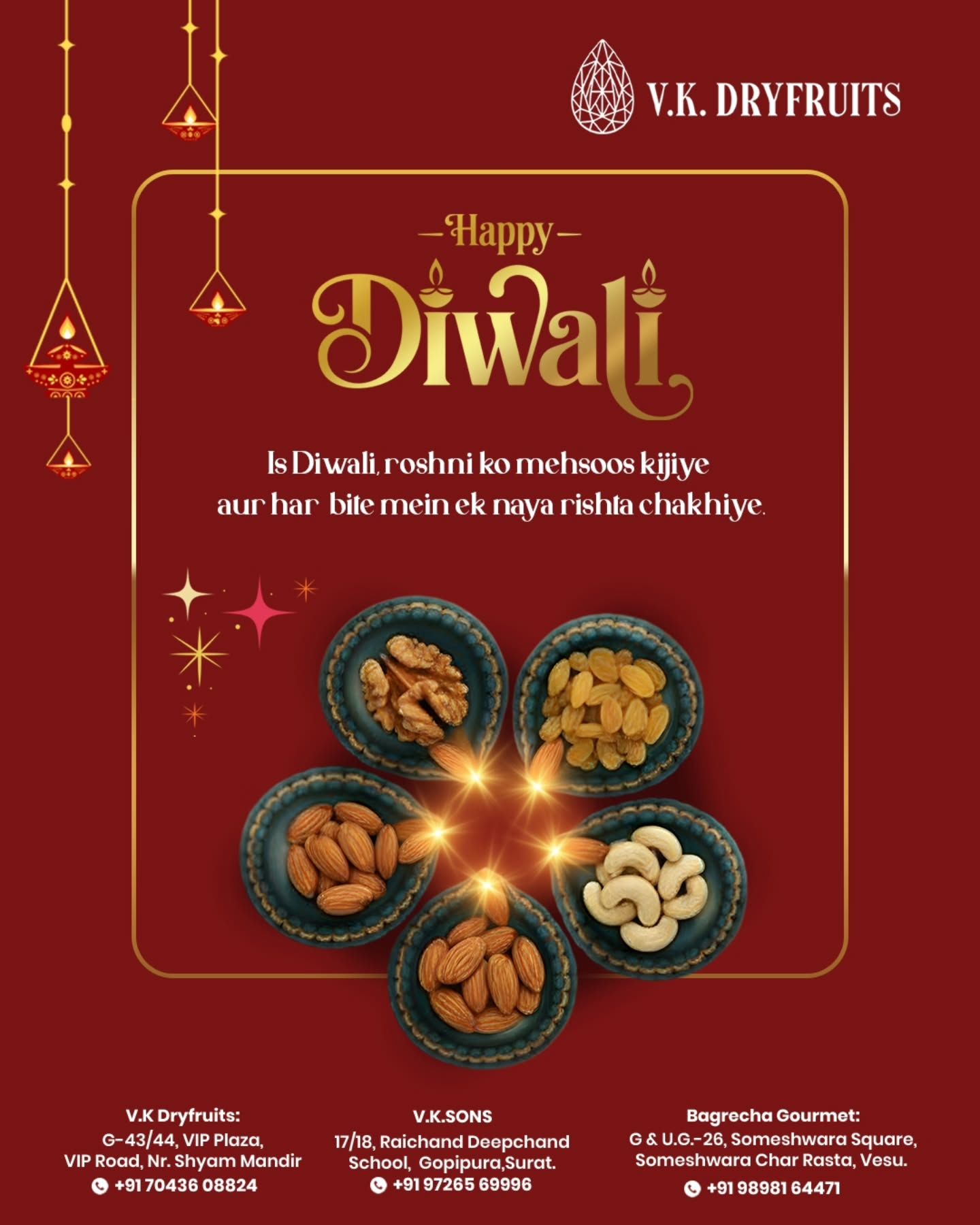 Diwali Instagram post: Five bowls of dry fruits arranged in a flower around a glowing light