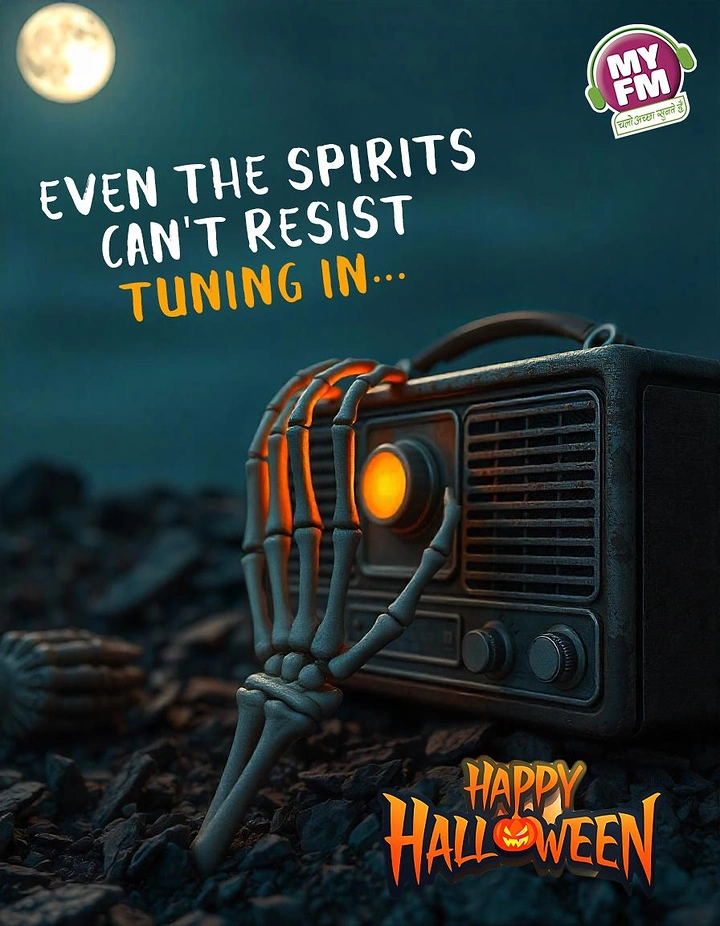 Halloween creative ad: Skeleton hand tuning a vintage radio