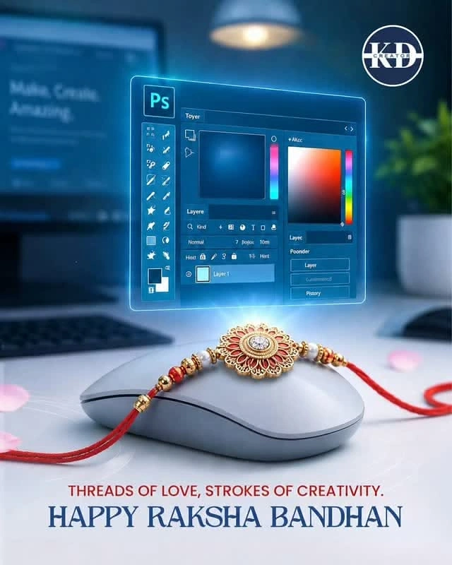 Raksha Bandhan creative ad: Ornate rakhi draped over a white computer mouse under a glowing floating design-app panel