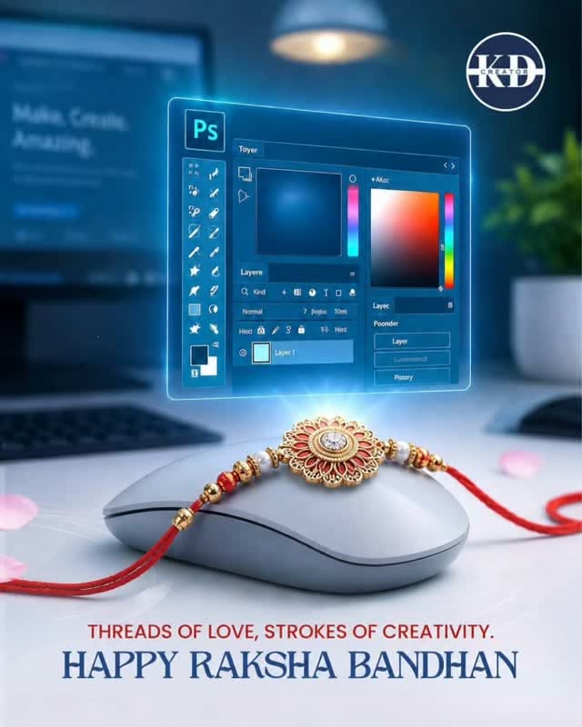 Ornate rakhi draped over a white computer mouse under a glowing floating design-app panel