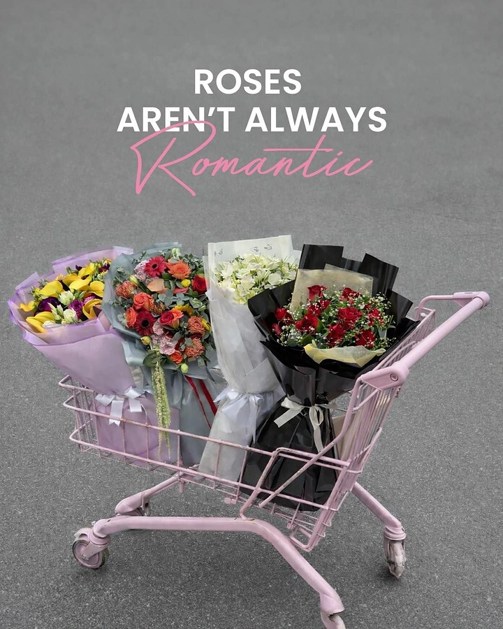 Florists creative ad: Bouquets in pink shopping cart twist