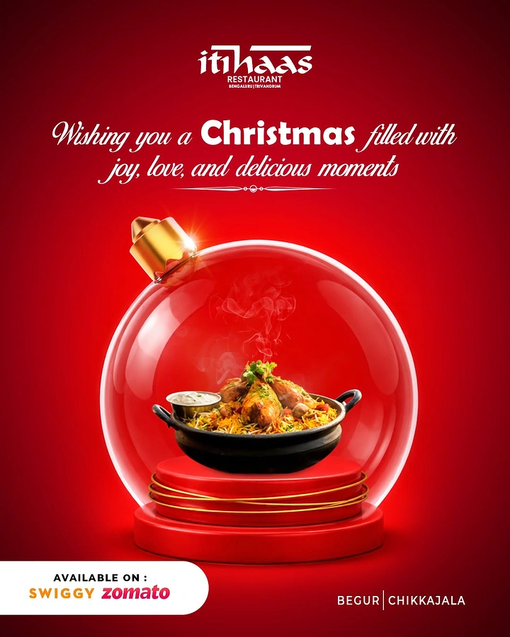 Christmas creative ad: Biryani kadai inside a transparent Christmas bauble on a red podium