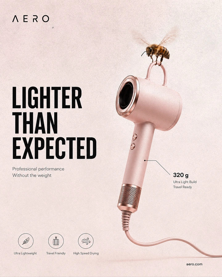 Electronics creative ad: Blush-pink hair dryer lifted by a honeybee