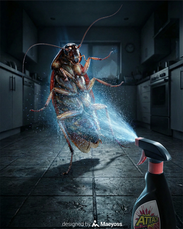 Pest Control creative ad: Cinematic cockroach blasted by spray, dramatic