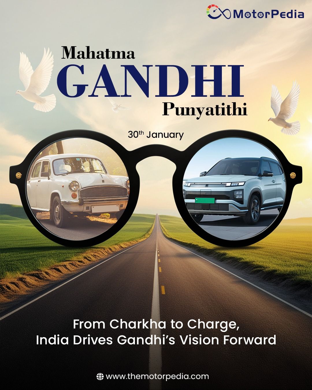 Gandhi Jayanti Poster: Gandhi-inspired spectacles framing a journey from vintage car to electric SUV