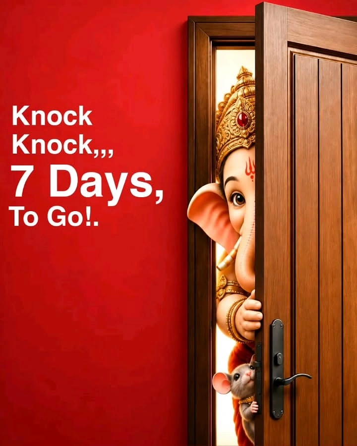 Ganesh Chaturthi creative ad: Cute Ganesha peeking from behind a half-open wooden door with a mouse